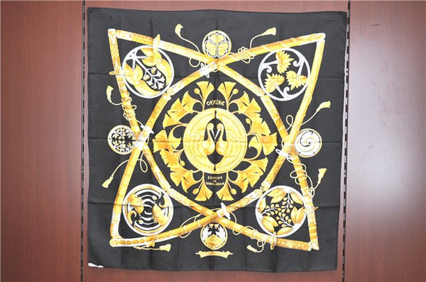 Authentic HERMES Carre 90 Scarf "Princes Du Soleil Levant" Silk Black J5908