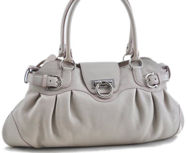 Authentic Ferragamo Gancini Leather Shoulder Hand Bag Ivory Light Pink J5969