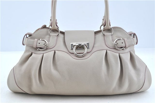 Authentic Ferragamo Gancini Leather Shoulder Hand Bag Ivory Light Pink J5969