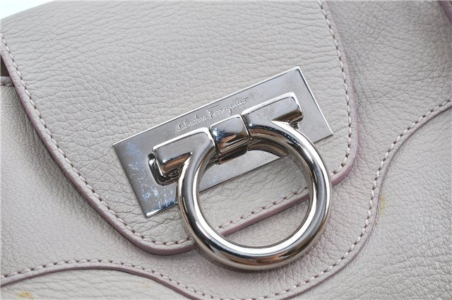 Authentic Ferragamo Gancini Leather Shoulder Hand Bag Ivory Light Pink J5969