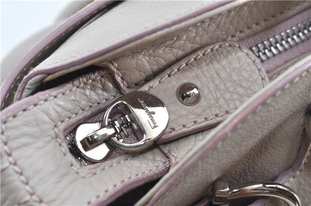 Authentic Ferragamo Gancini Leather Shoulder Hand Bag Ivory Light Pink J5969
