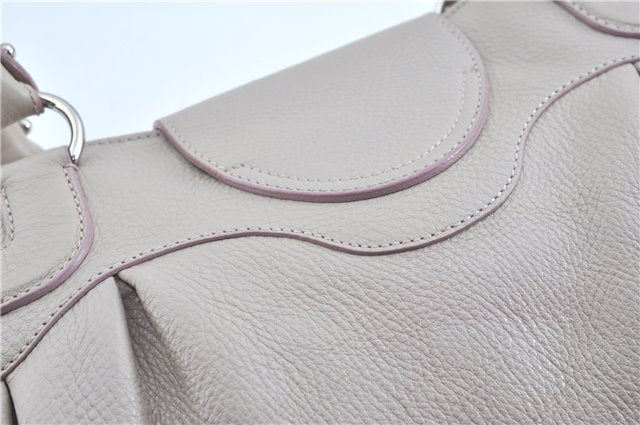 Authentic Ferragamo Gancini Leather Shoulder Hand Bag Ivory Light Pink J5969