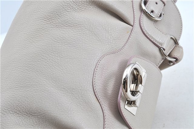 Authentic Ferragamo Gancini Leather Shoulder Hand Bag Ivory Light Pink J5969