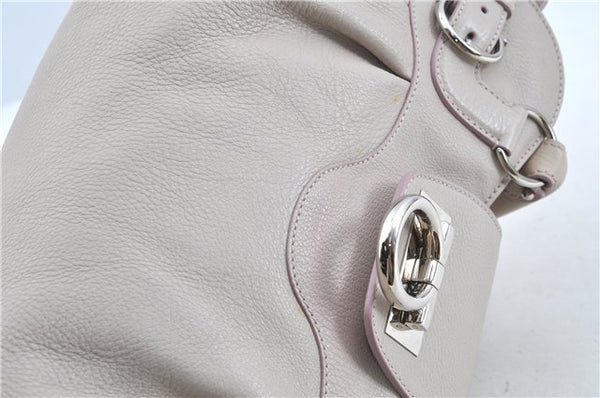 Authentic Ferragamo Gancini Leather Shoulder Hand Bag Ivory Light Pink J5969