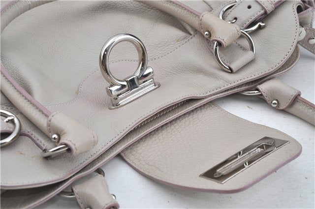Authentic Ferragamo Gancini Leather Shoulder Hand Bag Ivory Light Pink J5969