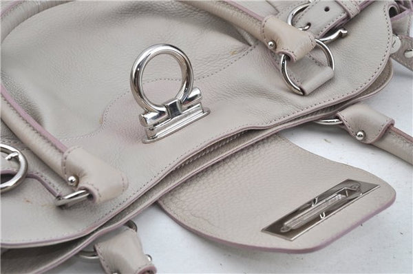 Authentic Ferragamo Gancini Leather Shoulder Hand Bag Ivory Light Pink J5969
