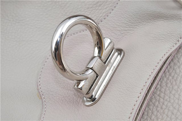 Authentic Ferragamo Gancini Leather Shoulder Hand Bag Ivory Light Pink J5969