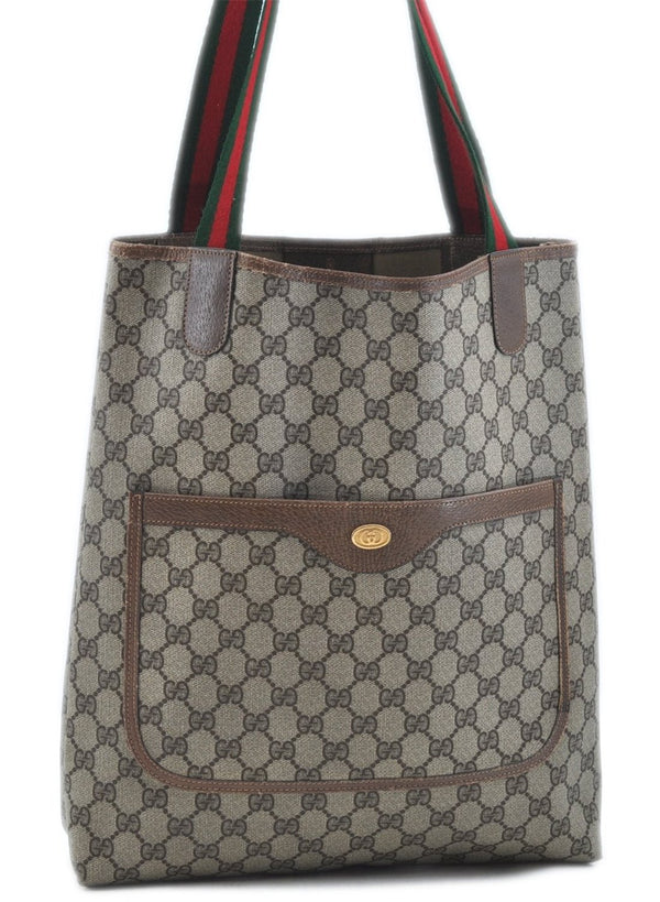 Authentic GUCCI Web Sherry Line Shoulder Tote Bag GG PVC Leather Brown J5978