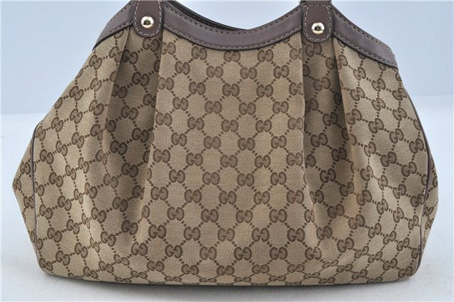 Authentic GUCCI Sukey Shoulder Hand Tote Bag GG Canvas Leather Brown J5989