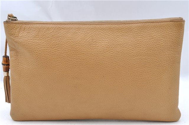 Authentic GUCCI Bamboo Clutch Hand Bag Leather 376858 Beige J5996