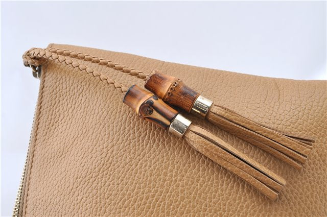 Authentic GUCCI Bamboo Clutch Hand Bag Leather 376858 Beige J5996