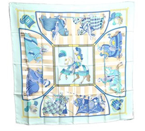 Authentic HERMES Carre 90 Scarf "CHOCSENPLUMES" Silk Light Blue J6003