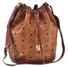 Authentic MCM Visetos Leather Vintage Shoulder Drawstring Bag Purse Brown J6024