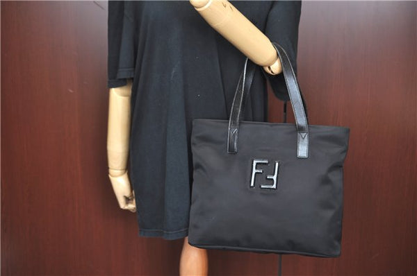 Authentic FENDI Shoulder Tote Bag Purse Nylon Leather Black J6027