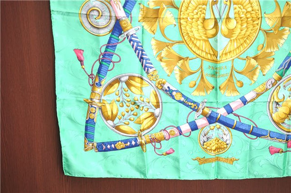 Auth HERMES Carre 90 Scarf "DAIMYO PRINCES DU SOLEIL LEVANT" Silk Green J6092