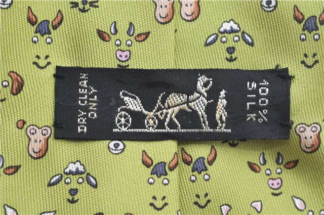 Authentic HERMES Tie Necktie Animal Pattern Silk Light Green Box J6115