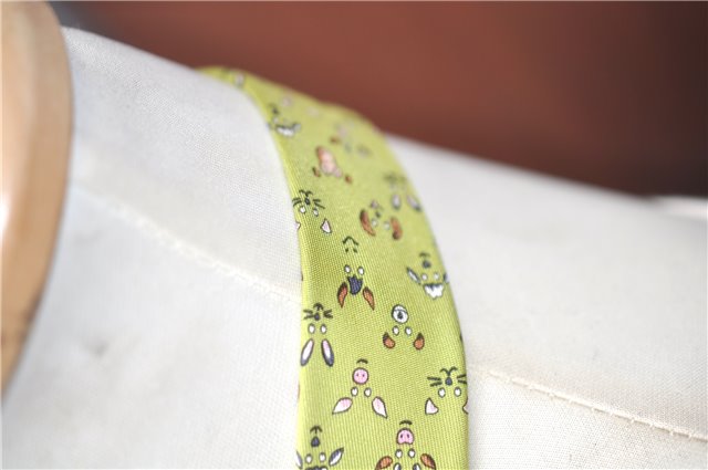 Authentic HERMES Tie Necktie Animal Pattern Silk Light Green Box J6115