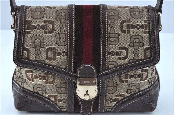 Auth GUCCI Sherry Line Shoulder Bag Horsebit Canvas Leather 145999 Brown J6143