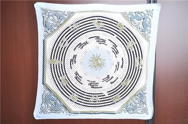 Authentic HERMES Pleats Scarf "DIES ET HORE" Silk Light Blue Box J6153