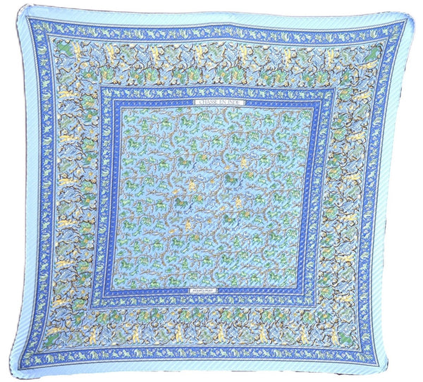 Authentic HERMES Pleats Scarf "CHASSE EN INDE" Silk Light Blue Box J6154