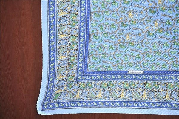 Authentic HERMES Pleats Scarf "CHASSE EN INDE" Silk Light Blue Box J6154