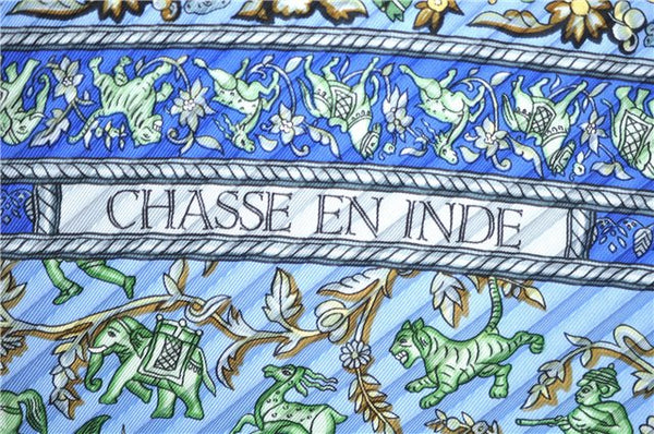 Authentic HERMES Pleats Scarf "CHASSE EN INDE" Silk Light Blue Box J6154