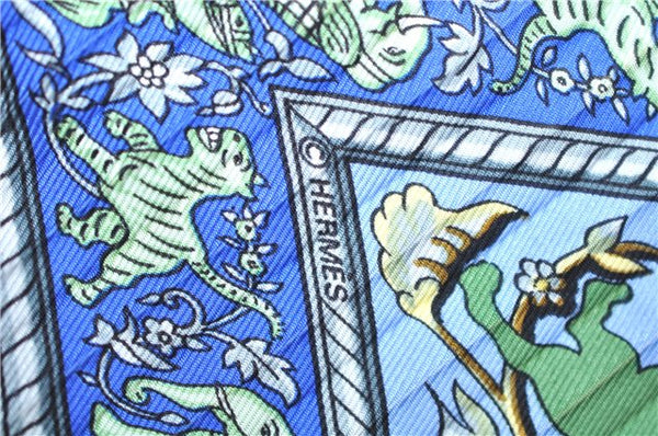 Authentic HERMES Pleats Scarf "CHASSE EN INDE" Silk Light Blue Box J6154