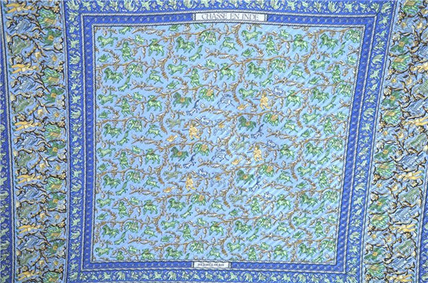 Authentic HERMES Pleats Scarf "CHASSE EN INDE" Silk Light Blue Box J6154