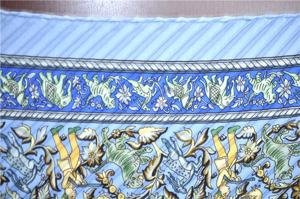 Authentic HERMES Pleats Scarf "CHASSE EN INDE" Silk Light Blue Box J6154