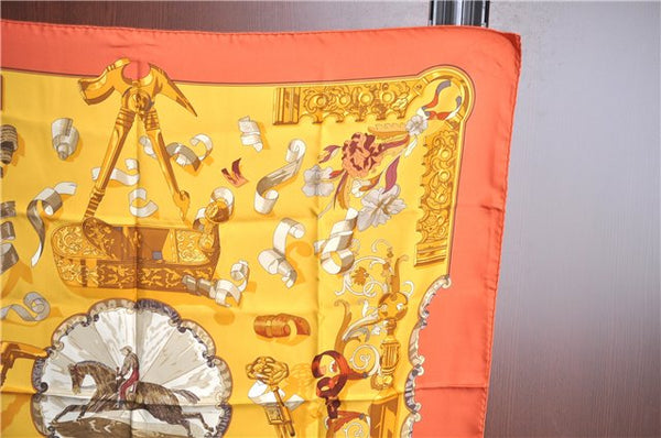 Authentic HERMES Carre 90 Scarf "Copeaux" Silk Orange Yellow J6200