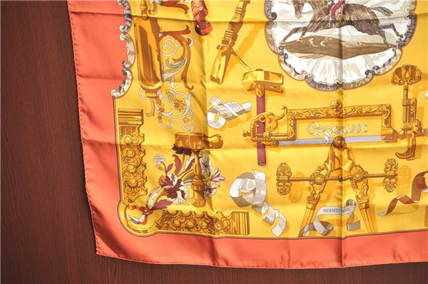 Authentic HERMES Carre 90 Scarf "Copeaux" Silk Orange Yellow J6200