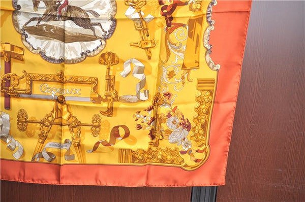 Authentic HERMES Carre 90 Scarf "Copeaux" Silk Orange Yellow J6200