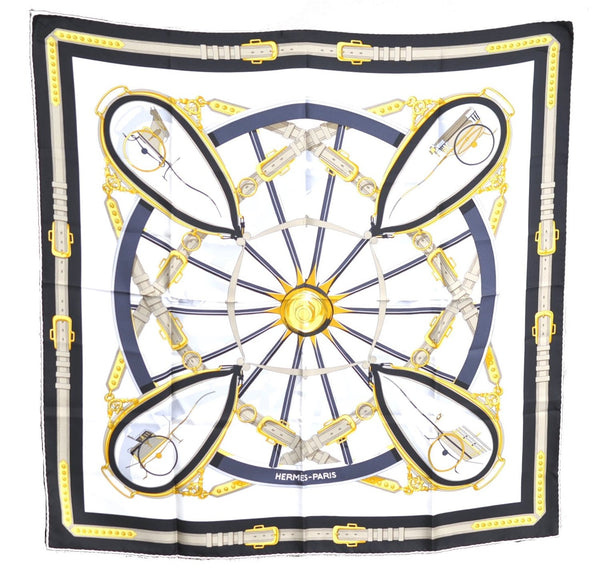 Authentic HERMES Carre 90 Scarf "En Roue Libre" Silk White Black Gold J6207