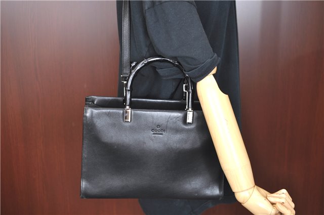 Authentic GUCCI Bamboo 2way Hand Shoulder Bag Purse Leather 0021035 Black J6337