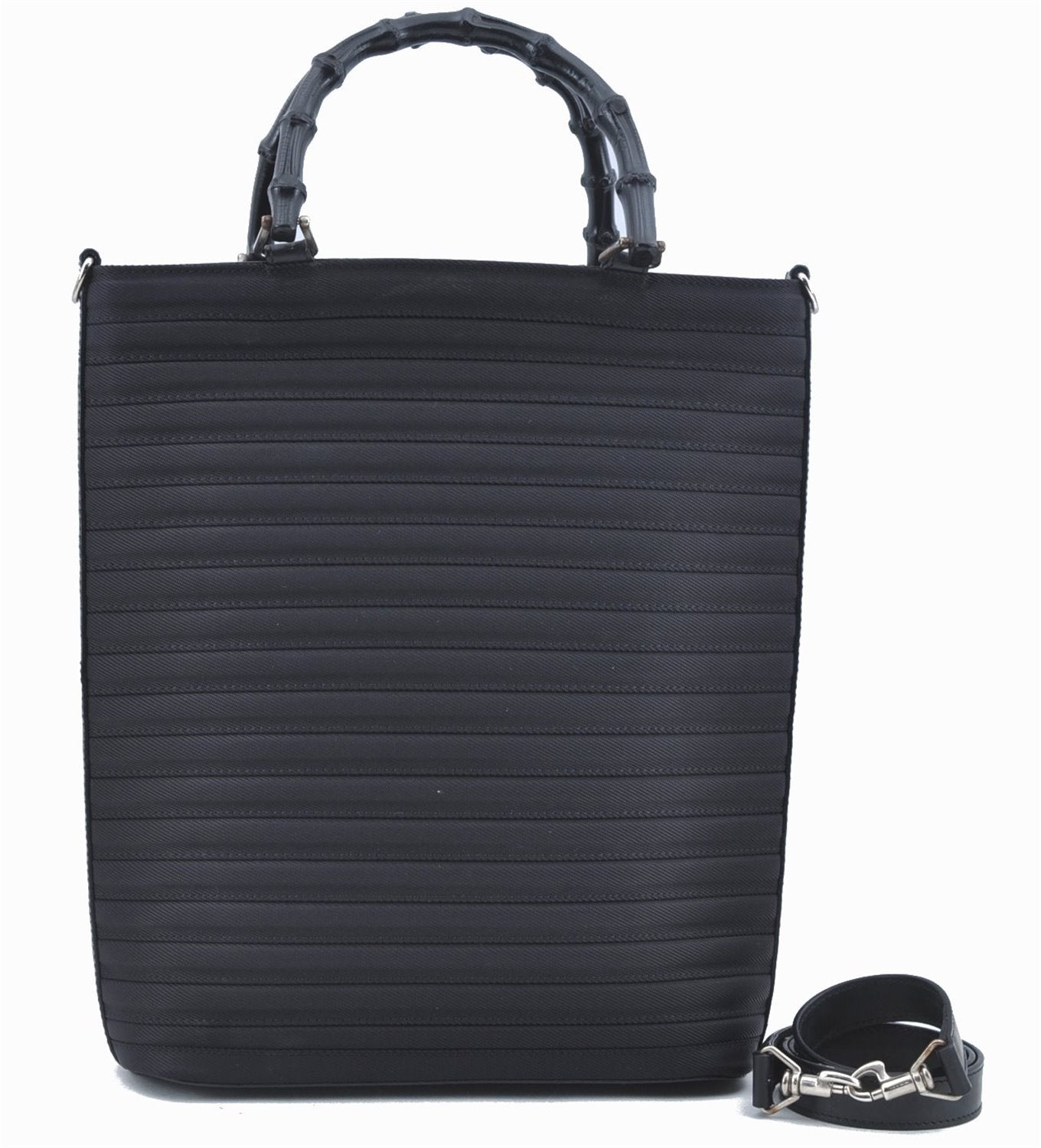 Authentic GUCCI Bamboo 2Way Shoulder Cross Hand Bag Nylon Leather Black J6349