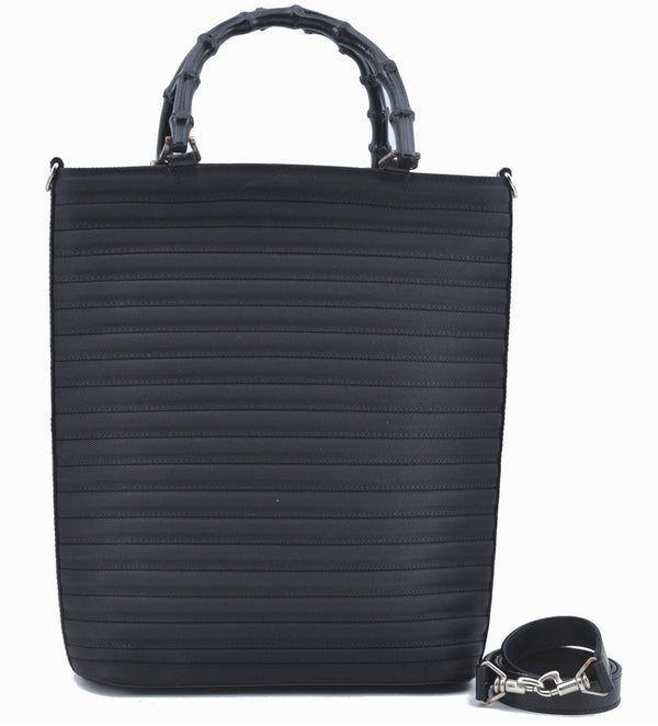 Authentic GUCCI Bamboo 2Way Shoulder Cross Hand Bag Nylon Leather Black J6349