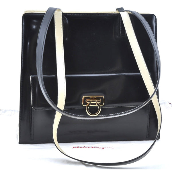 Authentic Ferragamo Gancini Leather Shoulder Tote Bag Purse Black White J6359