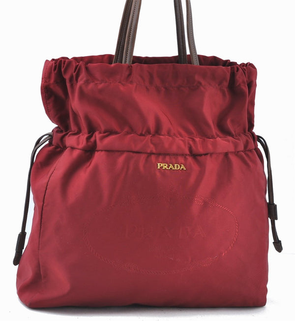 Authentic PRADA Nylon Tessuto Leather Shoulder Tote Bag Puesr Red J6379