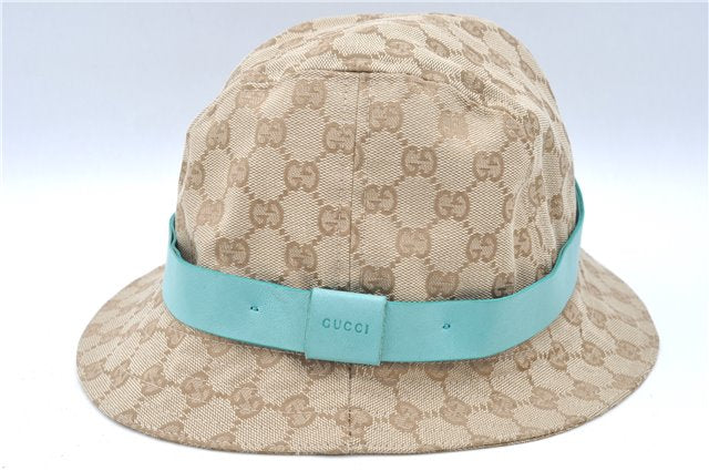 Auth GUCCI Bucket Hat GG Canvas Leather Size L 030367 Beige Light Blue J6427