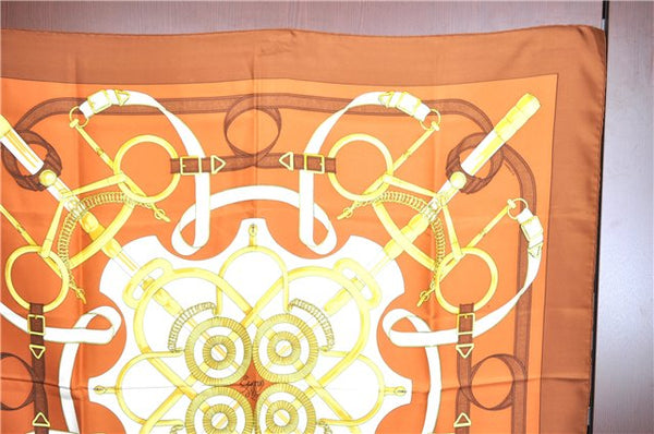 Authentic HERMES Carre 90 Scarf "Eperon d'Or" Silk Brown Gold White J6432