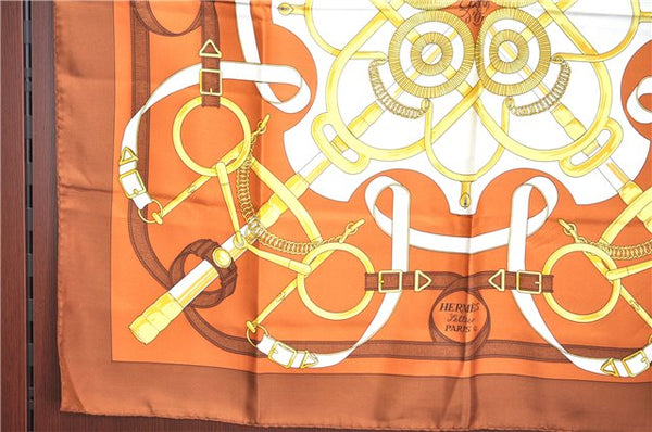 Authentic HERMES Carre 90 Scarf "Eperon d'Or" Silk Brown Gold White J6432