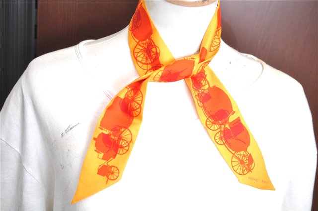 Authentic HERMES Twilly Scarf Carriage Motif Silk Orange J6433