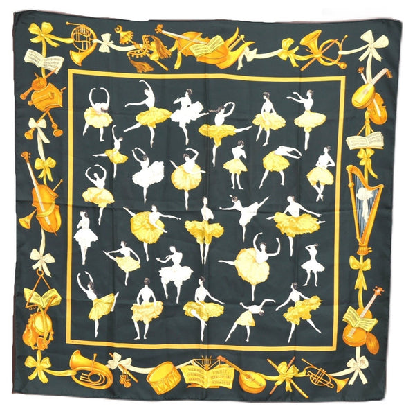 Authentic HERMES Carre 90 Scarf Ballerina Instrument Motif Silk Dark Green J6439