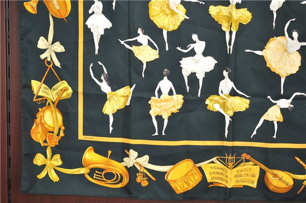 Authentic HERMES Carre 90 Scarf Ballerina Instrument Motif Silk Dark Green J6439