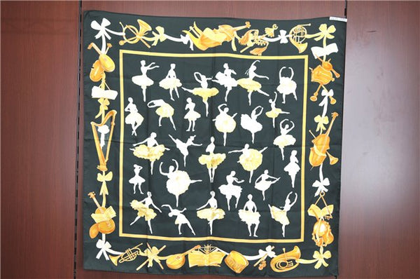 Authentic HERMES Carre 90 Scarf Ballerina Instrument Motif Silk Dark Green J6439