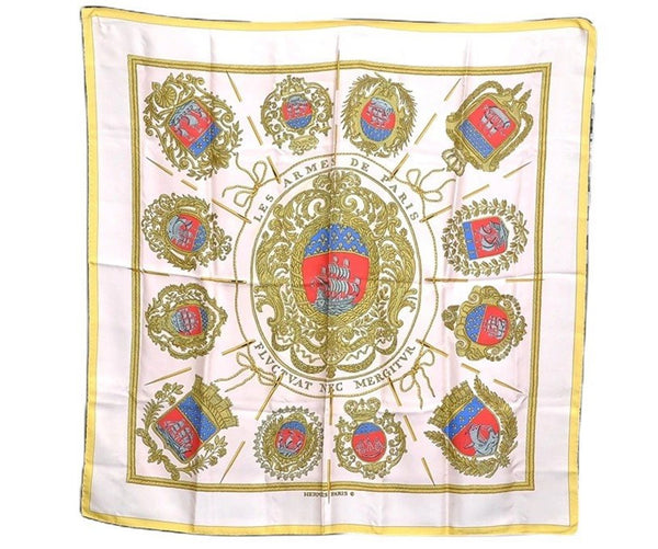 Authentic HERMES Carre 90 Scarf "FLVCTVAT NEC MERGITVR" Silk Yellow Box J6457