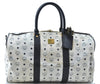 Authentic MCM Leather Travel Boston Bag White Black J6470