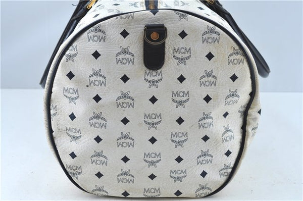 Authentic MCM Leather Travel Boston Bag White Black J6470