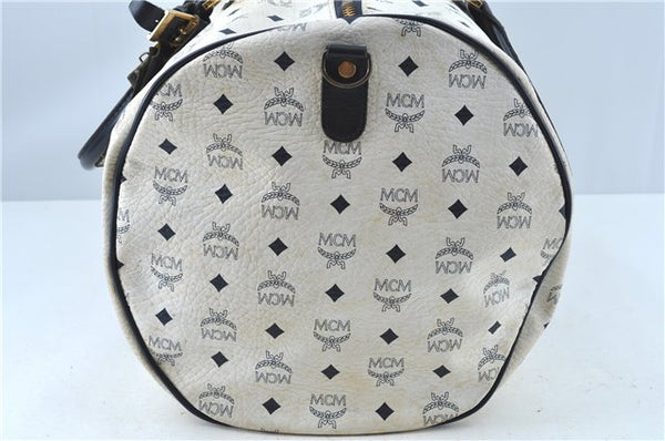 Authentic MCM Leather Travel Boston Bag White Black J6470