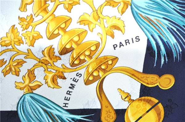 Authentic HERMES Carre 90 Scarf "Plumes et Grelots" Silk Navy Blue J6476